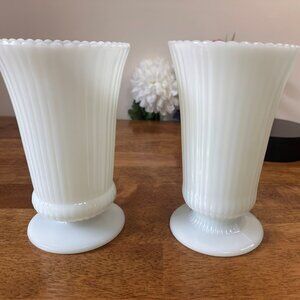 E O Brody Milk Glass Vases Pair Ribbed White Pedestal Planter Vintage Floral Dec